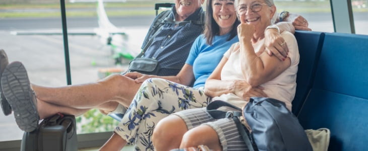 a group of friends waits to board a plane at the airport